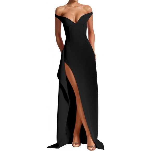 Women's Summer Off Shoulder Maxi Dress V Neck High Slit Prom Evening Gown